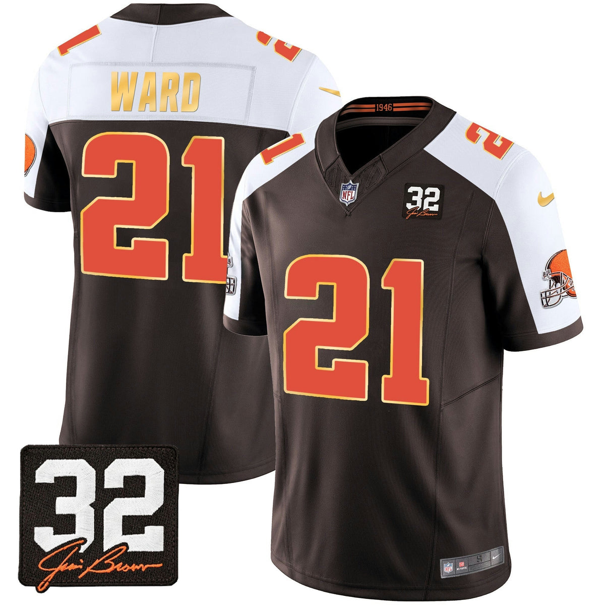 NFL Men’s #32 Jim Brown Memorial Patch Gold Trim Jersey